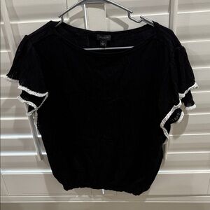 Ann Taylor Black Blouse with White Ruffle Trim